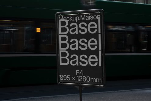 Street billboard mockup with bold fonts in urban setting, depicting passing tram, designers' asset for advertising, 895x1280mm display.