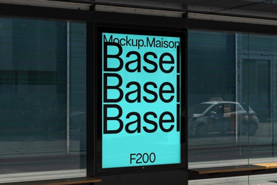Urban bus stop billboard mockup displaying bold typography design, with reflections and city background for outdoor advertising.