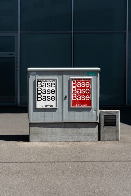 Urban outdoor poster mockup on a metal kiosk for graphic design presentations, advertising mockups, clear sky, street view.