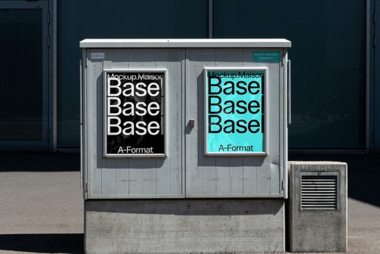 Outdoor advertising mockups on kiosk with two posters displaying a modern font, perfect for designers to showcase urban graphics and templates.