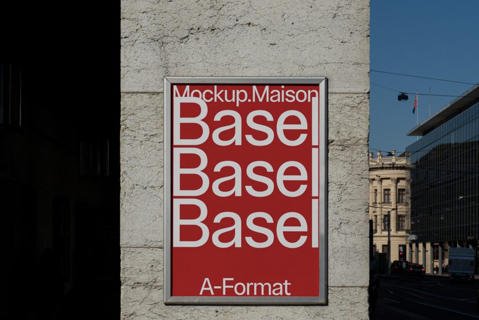 Red A-Format poster mockup on stone facade with city architecture