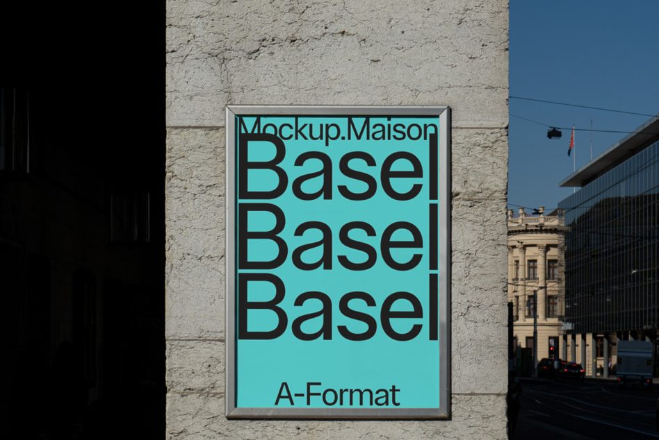 Cyan A-Format poster mockup mounted on cream stone wall in Basel