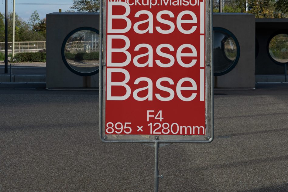 Outdoor advertising mockup displayed on a street sign, urban environment in the background, design template for showcasing ads, dimensions visible.