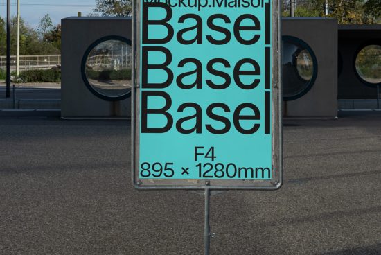 Urban billboard mockup in a street setting displaying the word Base, dimensions shown for advertising design presentations.