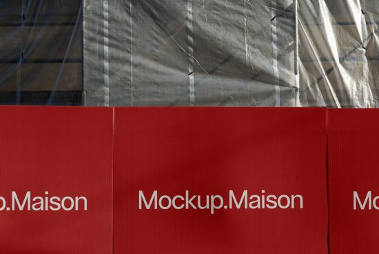Red construction barrier with Mockup.Maison branding against a tarp-covered scaffold, ideal for design mockup resources.