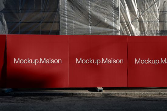 Outdoor billboard mockup on red construction barrier for advertising design presentation, urban setting, designers marketplace asset.