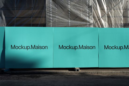 Outdoor advertising mockup on construction barrier with clear sky, ideal for presentations and branding. Graphics display, mockup design, urban setting.