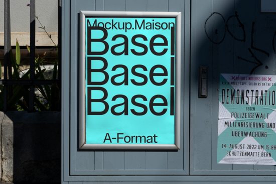 Outdoor poster mockup in urban setting for showcasing font designs, graphic prints and advertising, clear and visible in daylight.