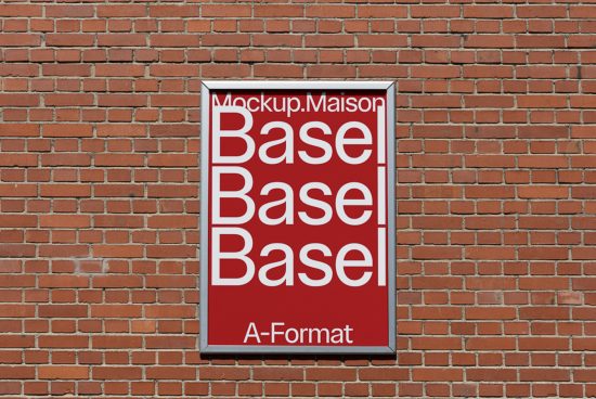 Banner mockup on brick wall for outdoor advertising display, designers marketplace asset. Graphic design, realistic frame, editable template, A-Format.