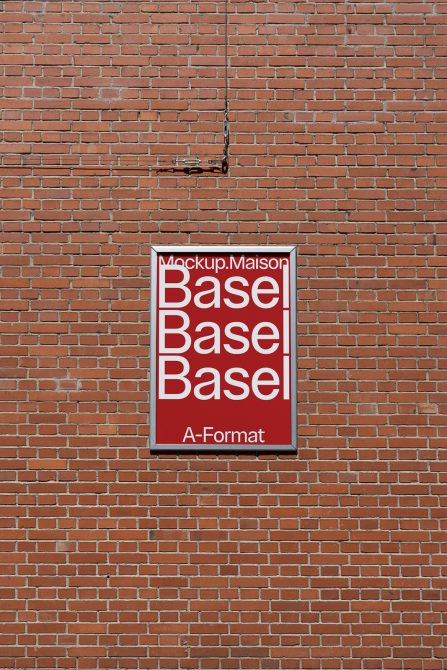 Poster mockup on a red brick wall for design presentation and portfolio display, featuring clear fonts and significant space for branding.