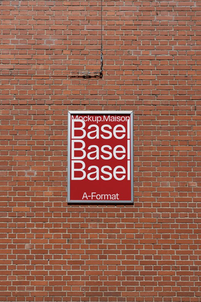 Poster mockup on a red brick wall for design presentation and portfolio display, featuring clear fonts and significant space for branding.