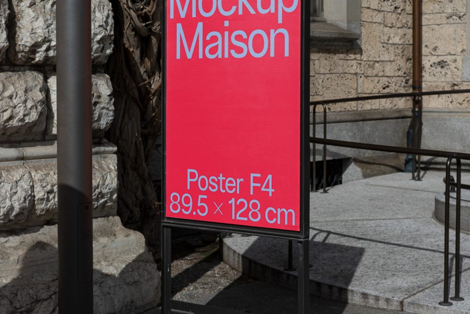 Outdoor F4 poster mockup display in urban setting for advertising design presentations, size 89.5x128 cm, designer assets.