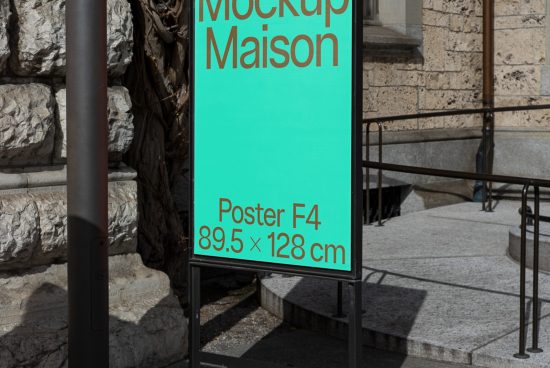 Outdoor poster mockup display on urban background for designers to showcase advertising designs in a realistic setting, dimensions 89.5 x 128 cm.