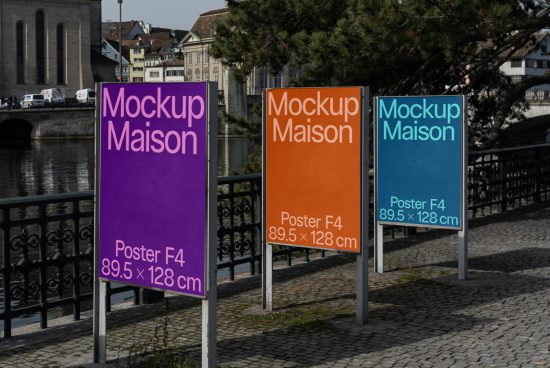 Outdoor advertising mockups in purple, orange, and teal featuring poster dimensions, ideal for designers to showcase work.