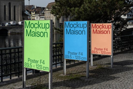 Outdoor advertising mockups displayed in an urban riverside setting, featuring three vertical billboards with different colors and dimensions for designers.
