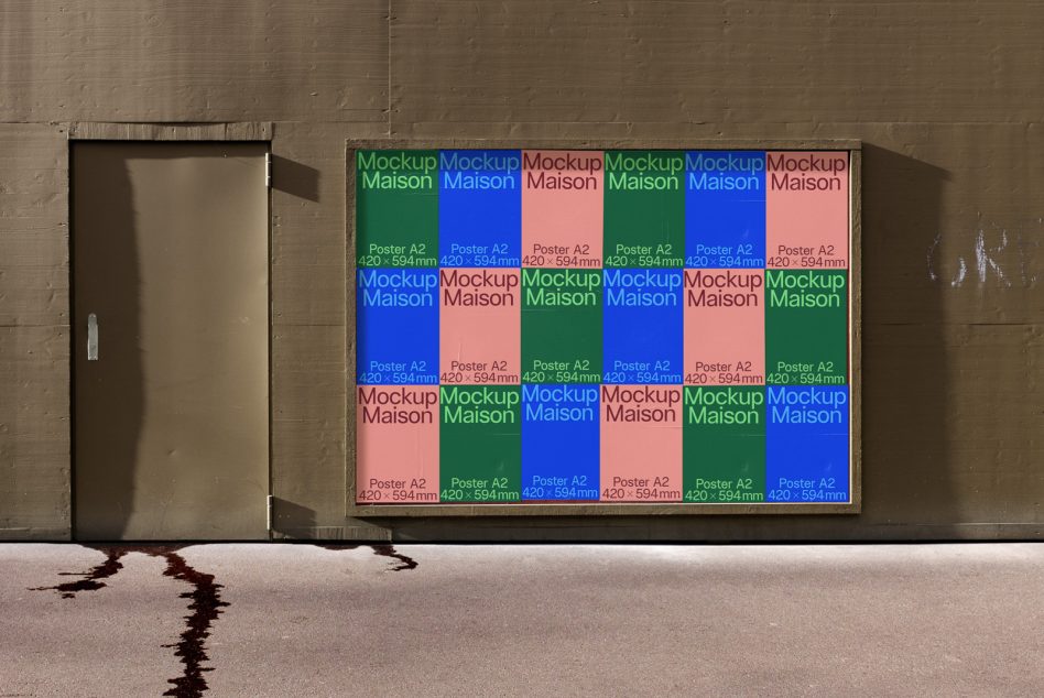 Grid of 12 colorful poster mockups in green, blue, pink displayed on brown wall