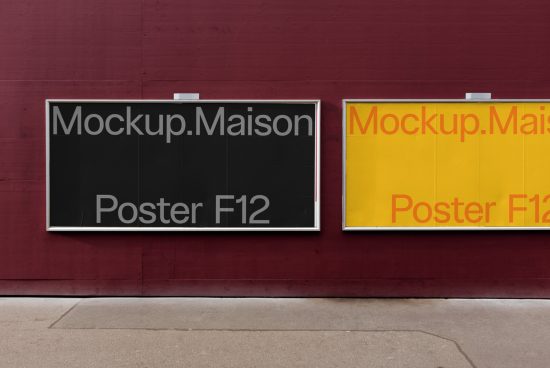 Dual poster mockup displays in black and yellow against a textured red wall, suitable for designers to showcase their work.