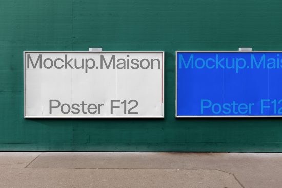 Two poster mockups on wall, one white and one blue, for design presentation and portfolio display, urban background, graphic designers.