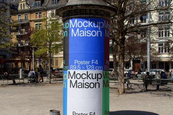 Urban poster mockup on advertising pillar in daylight with cityscape and people in background for graphic designers and marketers.