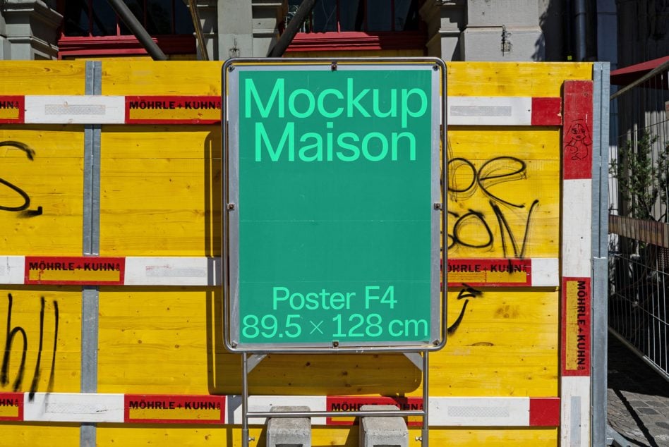 Green poster mockup on yellow construction scaffolding with red safety straps