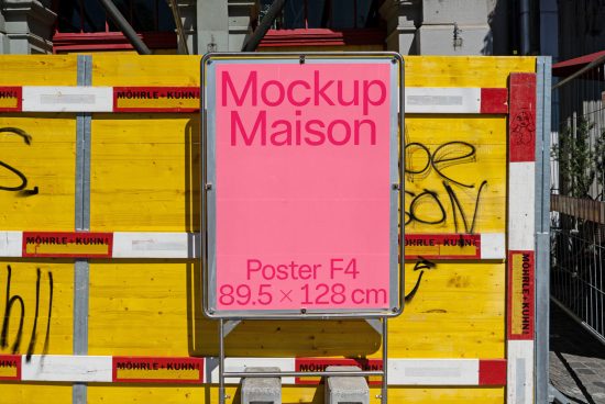 Outdoor poster mockup on urban construction site, pink signage with text, dimensions 89.5x128 cm displayed, realistic street setting for graphic design.