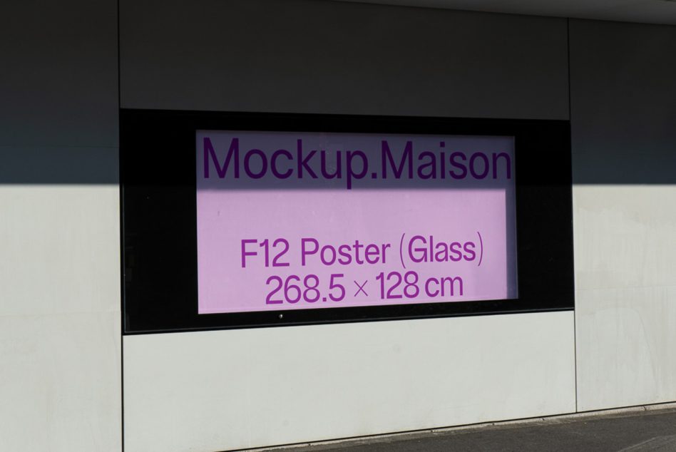 Outdoor poster mockup on a sunny day for advertising design presentation, visible dimensions 268.5 x 128 cm, suitable for graphic designers.