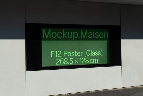 Outdoor billboard poster mockup in glass showcase, ideal for realistic advertising design presentation, dimensions 268.5 x 128 cm, digital asset.
