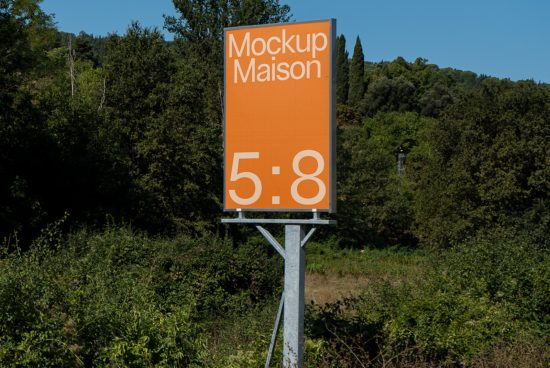 Outdoor billboard mockup in natural setting with clear skies, ideal for designers to display advertising graphics.