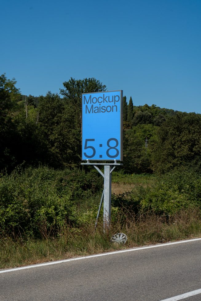 Outdoor billboard mockup on a roadside with clear blue sky, suitable for presenting advertisements or designs in a realistic setting for graphic designers.