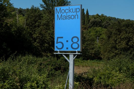 Outdoor billboard mockup in landscape setting with clear blue sky and trees in the background, perfect for realistic advertising designs.