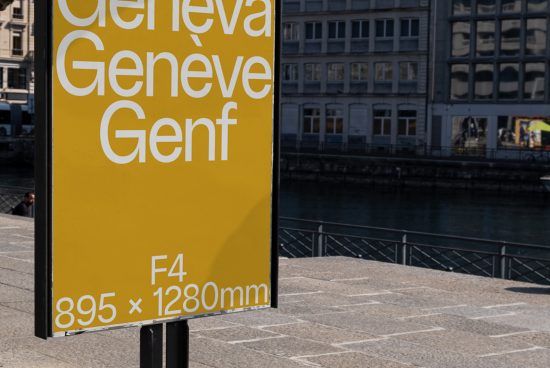 Yellow signage mockup by the river featuring typography for Geneva in various fonts and sizes, dimensions display, designers' asset.