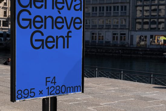 Blue outdoor signage mockup with variable text sizes by the riverside, showcasing advertising space in urban setting, dimensions labeled for scale.