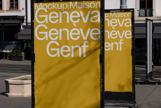 Urban street billboard mockup in daylight, showcasing large yellow ad with city name variations for outdoor advertising design display.