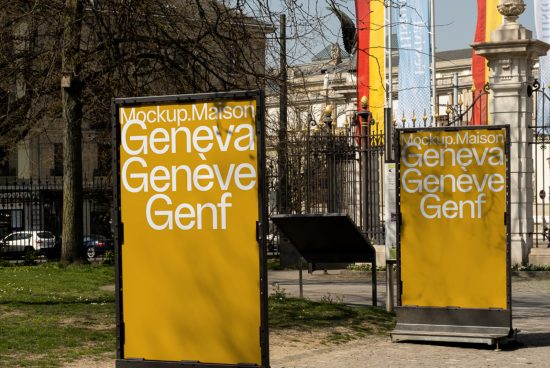 Outdoor billboard mockup displaying multiple language variations of the word Geneva in bold typography, ideal for graphic presentations.