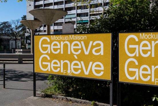 Urban billboard mockup displaying bold Geneva text, graphic design sample, for advertising presentation in a real-world setting.