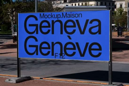 Outdoor billboard mockup in urban setting displaying bold text "Geneva Genève" for graphic design and advertising presentation.