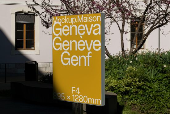 Outdoor poster mockup in a garden setting with a blooming tree, showcasing different language variations of 'Geneva' for designers to display work.