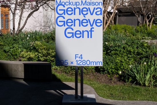 Outdoor advertising mockup stand in natural setting with clear blue text displaying the word Geneva in various languages, dimensions provided.