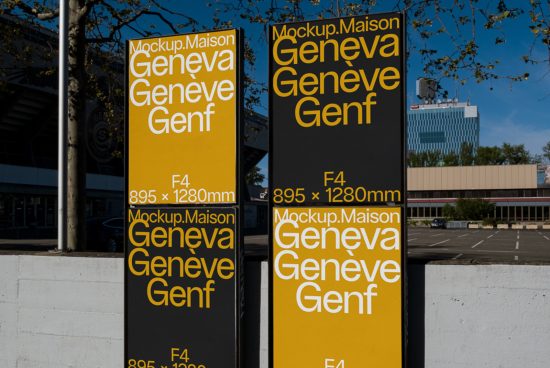 Outdoor advertising mockup display with yellow posters in urban setting for designers to showcase work.