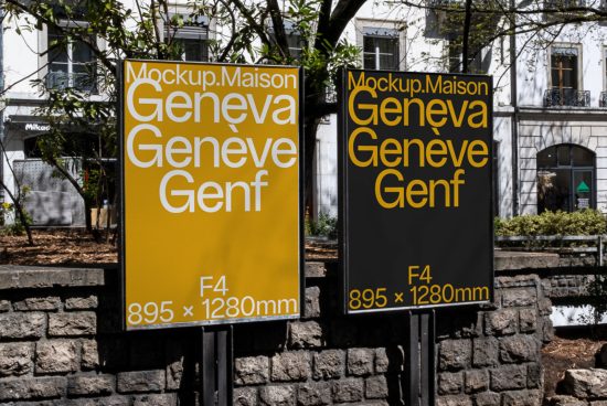 Outdoor billboard mockups in yellow and black displaying different font sizes, perfect for presentations and advertising designs.