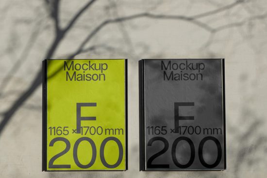 Outdoor advertising billboard mockups on a wall with shadow of tree branches, showing yellow and black design options for presentations and portfolio.