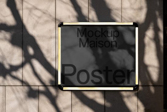Rectangular poster mockup on a sunlit wall with shadow overlay, ideal for presentations, graphic design showcase, photo-realistic visuals.