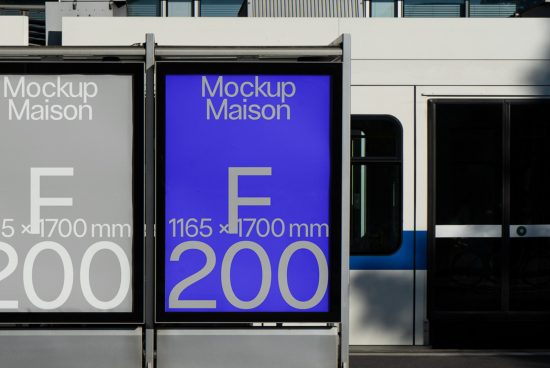 Public transit billboard mockup displaying design in purple, showcasing bold typography for outdoor advertising, size dimensions specified.