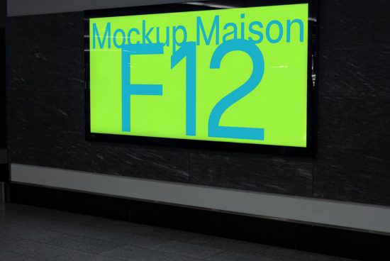 Digital billboard mockup in a subway station with bright neon graphic design, showcasing modern advertising space for designers.