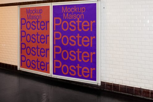 Subway station poster mockups in red and purple with repetitive text design, ideal for presenting advertising graphics and font display.