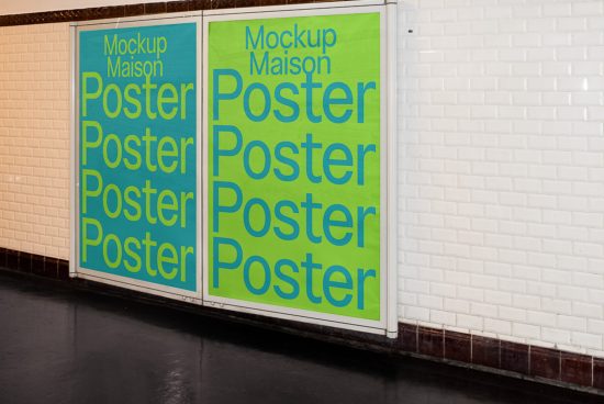 Urban poster mockups displayed in subway station for graphic presentation, featuring vibrant typography design, ideal for marketing and advertising.