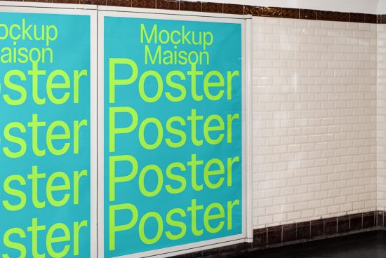 Bright turquoise poster mockup on subway station wall for outdoor advertising display, graphic design showcase, editable template.