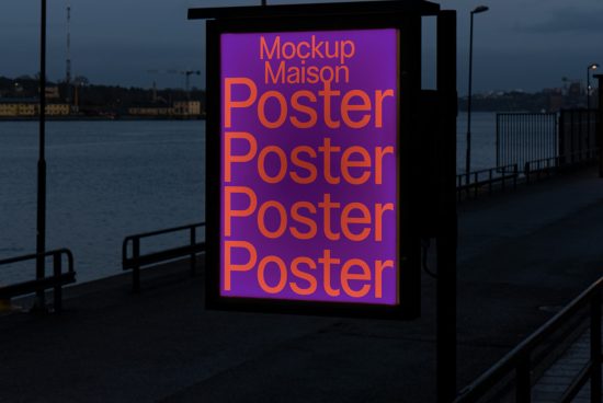 Outdoor illuminated poster mockup on a bus stop at dusk ideal for designers to display ads and graphics in realistic settings.