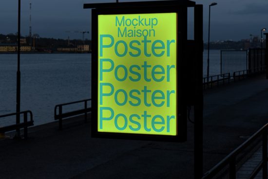 Outdoor backlit poster mockup on a bus stop at dusk, showcasing font design, ideal for advertising graphics and templates display.