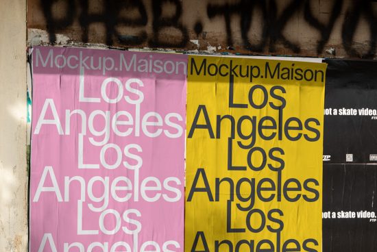 Urban poster mockups with repetitive text "Los Angeles" in different colors for graphic design and font showcase.